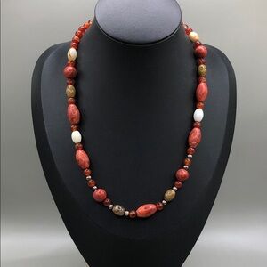 Coral stone bead vintage artisan necklace boho pop of color great for layering.